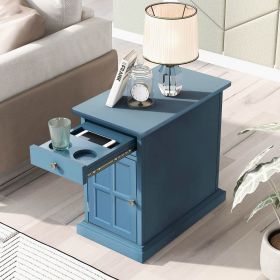 U-Can Classic Vintage Livingroom End Table Side Table with USB Ports and One Multifunctional Drawer with cup holders