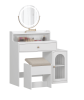 White Makeup Vanity Desk with Round Mirror and Lights, Dressing Table with a Side Cabinet and Chair