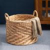 Round Water Hyacinth Seagrass Woven Basket with Handles - 15" x 15" x 15" - Natural Brown - For Clothes, Towels, Canvas