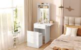 Small Vanity Desk with Mirror and Light, Dressing Table with Charging Station & Fold-up Panel for Small Space