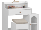 White Makeup Vanity Desk with Round Mirror and Lights, Dressing Table with a Side Cabinet and Chair