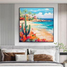 Hand Painted Oil Painting Tropical Seascape Oil Painting on Canvas Original Custom Cactus Home Decor Abstract Beach Painting Living room Wall Decor La (Style: 01, size: 60x60cm)