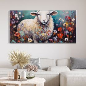 Hand Painted Oil Painting Hand Painted Creative Flower Field Sheep Canvas Oil Painting Large Original Animal Portrait Art Interesting Home Wall Decor (Style: 01, size: 75x150cm)