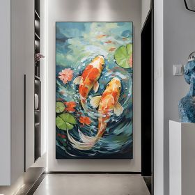 Hand Painted Oil Painting Original Carp Oil Painting on Canvas Large Wall Art Abstract Pond Scenery Wall Art Decor Modern Lotus Painting Living room W (Style: 01, size: 40x80cm)