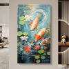 Hand Painted Oil Painting Large Original Pond Scenery Oil Painting on Canvas Abstract Carp Painting Landscape Art Decor Living room Wall Decor Modern