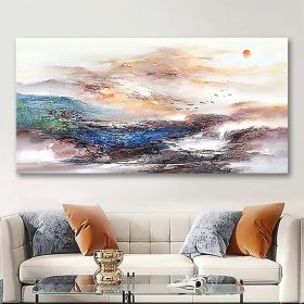 Oil Painting 100% Handmade Hand Painted Wall Art On Canvas Orange Blue Horizontal Abstract Modern Home Decoration Decor Rolled Canvas No Frame Unstret (Style: 03, size: 75x150cm)