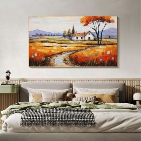 Hand Painted Oil Painting Original Village Landscape Oil Painting on Canvas Large Wall Art Minimalist Abstract Wall Art Orange Boho Wall Decor Living (Style: 01, size: 90x120cm)