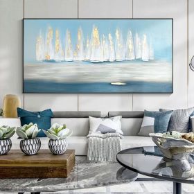 Natural home decor Original Oil Painting on Canvas Abstract Art Water sailboat painting sky blue Nature gold art Living Room Painting (Style: 01, size: 120x240cm)