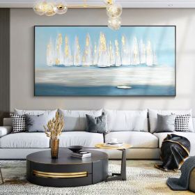 Natural home decor Original Oil Painting on Canvas Abstract Art Water sailboat painting sky blue Nature gold art Living Room Painting (Style: 01, size: 140x280cm)