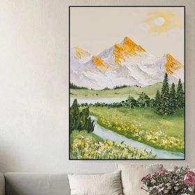 River Landscape Painting Original Oil White Mountain Scenery Art Work Yellow Flower Wall Art Green Blue Painting Living Room Wall Art (Style: 01, size: 70x100cm)