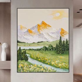 River Landscape Painting Original Oil White Mountain Scenery Art Work Yellow Flower Wall Art Green Blue Painting Living Room Wall Art (Style: 01, size: 100x150cm)