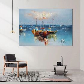 Harbored Boats - Hand Painted Modern Impressionist Seascape Seagull Oil Painting On Canvas (Style: 01, size: 120x160cm)