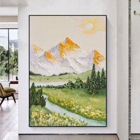 River Landscape Painting Original Oil White Mountain Scenery Art Work Yellow Flower Wall Art Green Blue Painting Living Room Wall Art (Style: 01, size: 50x70cm)