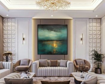 Green Sea 100% Handmade Golden Waves Green Tones Textured Painting Acrylic Abstract Oil Painting Wall Decor Living Room Office Wall (Style: 01, size: 100x100cm)