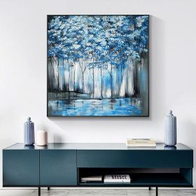 Pure Hand Painted Oil Painting Blue Forest Nordic Abstract On Canvas Wall Art Decorative Trees Painting Living Room Porch Canvas Art Atmospheric Mural (Style: 01, size: 80x80cm)