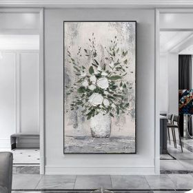 Handmade Oil Painting Abstract White Floral Vase Palette Knife Textured Oil Painting Modern Art On Canvas Grey Wall Art Foe Home Decor (Style: 01, size: 70x140cm)