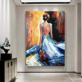 Hand Painted Elegant Woman Back Oil Painting Silhouette Art With Background Violinist Gift Original Women Figure Oil Painting Modern Wall Art Music Gi (Style: 01, size: 50x70cm)