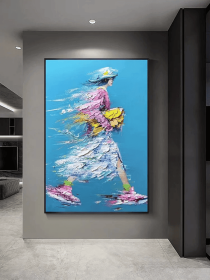 Large Vertical Woman on Blue Painting Abstract Modern Style Artwork Colorful Thick Textured 3D Painting Hand-Painted Original Artwork (Style: 01, size: 60x90cm)