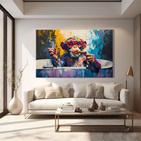 Monkey Bathroom Art Modern Pop Art Painting On Canvas Funky Hand Painted Oil Painting Street Graffiti Wall Art Framed Funny Bathroom Wall Art (Style: 01, size: 90x130cm)