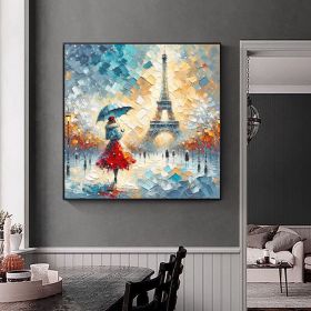 Handmade Oil Painting A Beautiful Woman Street Art Abstract Figure Painting Red And Sky Blue Art Street Scene On Canvas Wall Art For Home Decor (Style: 01, size: 120x120cm)