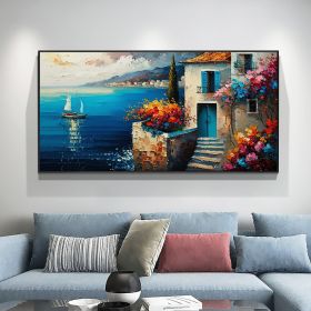 Hand Painted Original Seaside Mediterranean Oil Painting On Canvas Large Wall Art Abstract Blue Seascape Art Custom Painting Living Room Home Decor (Style: 01, size: 120x240cm)