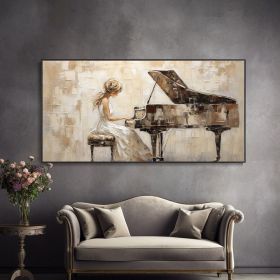 Hand Painted Elegant Lady Piano Music Oil Painting Handcrafted Decor Aesthetic Living White Dress Abstract Background Original Artist Art Textured Bei (Style: 01, size: 80x160cm)