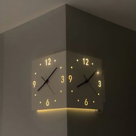 Nordic Square Modern Corner Wall Clock with Sensor Night Light Christmas Gifts (Color: White)