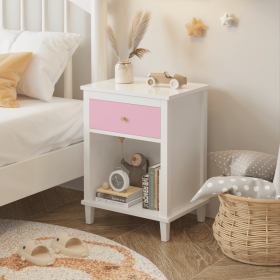 26.77''H Wooden Nightstand with One Drawer One Shelf for Kids, Adults (Material: MDF, Color: pink)