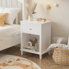 26.77''H Wooden Nightstand with One Drawer One Shelf for Kids, Adults (Material: MDF, Color: White)