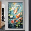 Hand Painted Oil Painting Large Original Pond Scenery Oil Painting on Canvas Abstract Carp Painting Landscape Art Decor Living room Wall Decor Modern