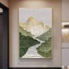 Hand Painted Oil Painting Mountains Landscape Art Painting Green Abstract Wall Art Large Textured Canvas Art Light Green Landscape Painting Sky Abstra