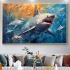 Hand Painted Oil Painting Large Abstract Shark Oil Painting on Canvas Original Fish School Painting Ocean Art Decor Living room Wall Decor Modern Blue