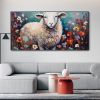 Hand Painted Oil Painting Hand Painted Creative Flower Field Sheep Canvas Oil Painting Large Original Animal Portrait Art Interesting Home Wall Decor