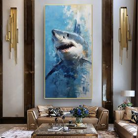 Hand Painted Oil Painting Original Shark Oil Painting on Canvas Custom Animal Painting Large Modern Wall Art Abstract Blue Ocean Art Decor Living room (Style: 01, size: 70x140cm)